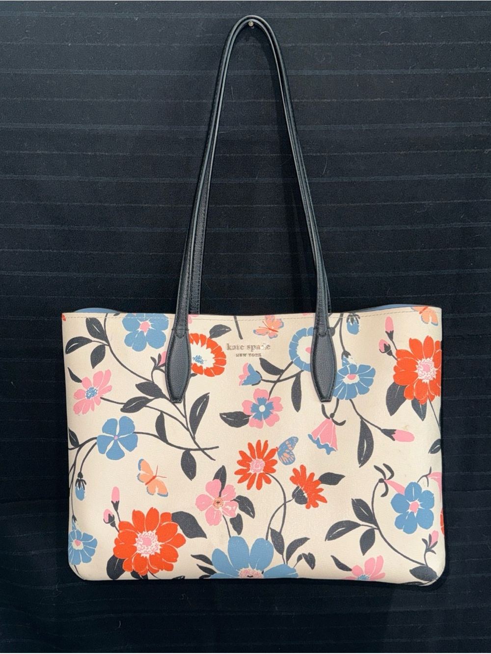 Kate Spade All Day Floral Garden Tote Parchment Ivory Blue Leather Purse Bag